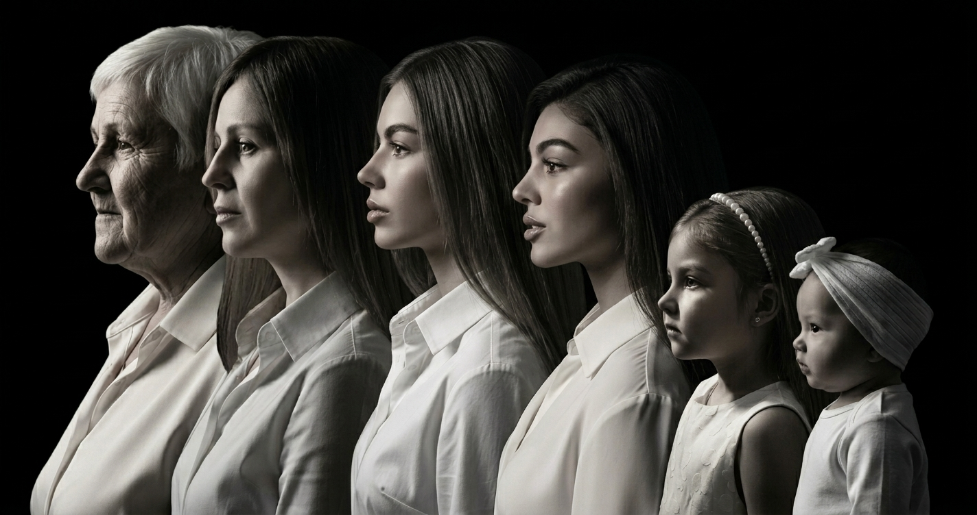 Silhouettes of family members across generations, representing invisible patterns passed down through families