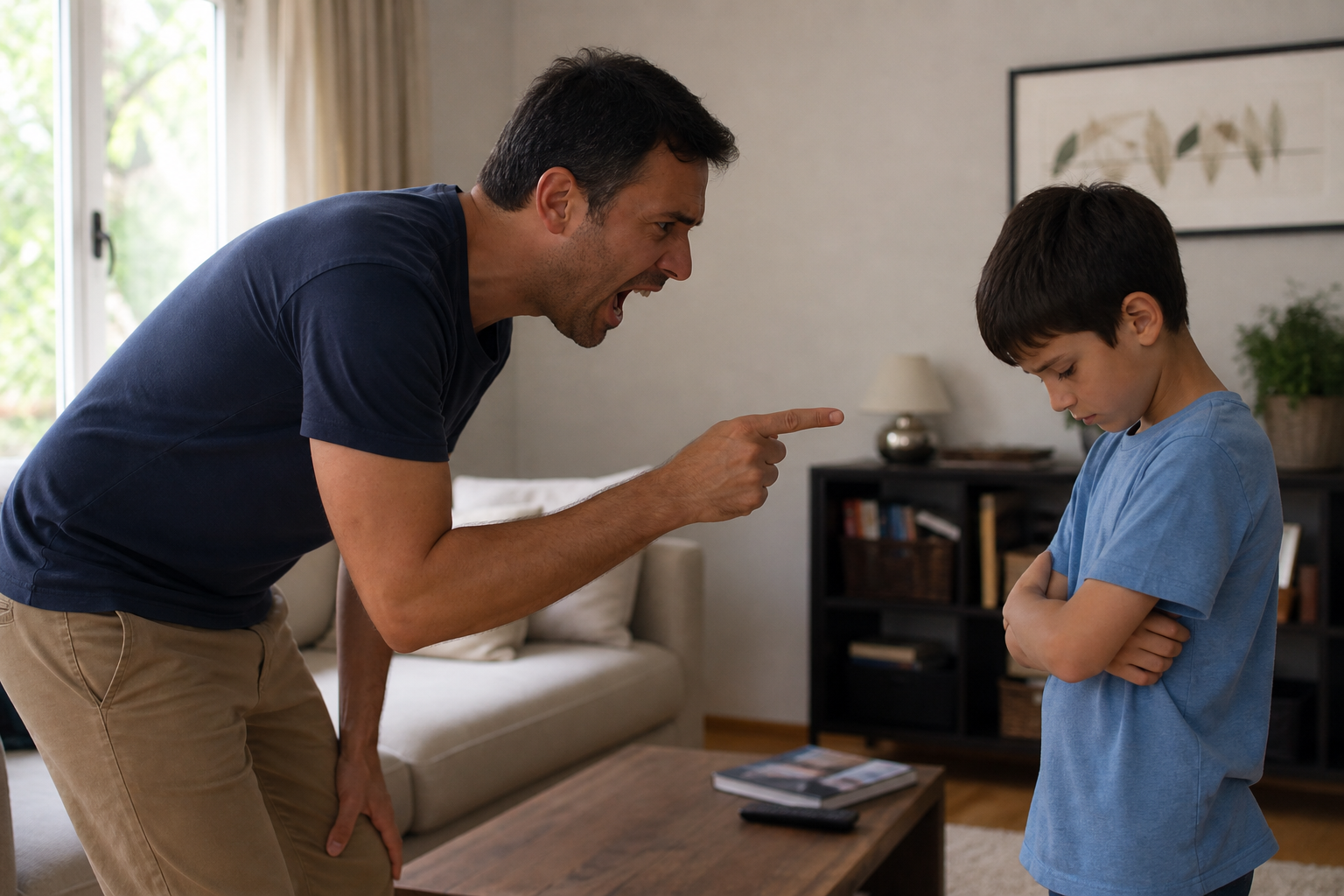 Parent gently speaking with a child in a calm home setting